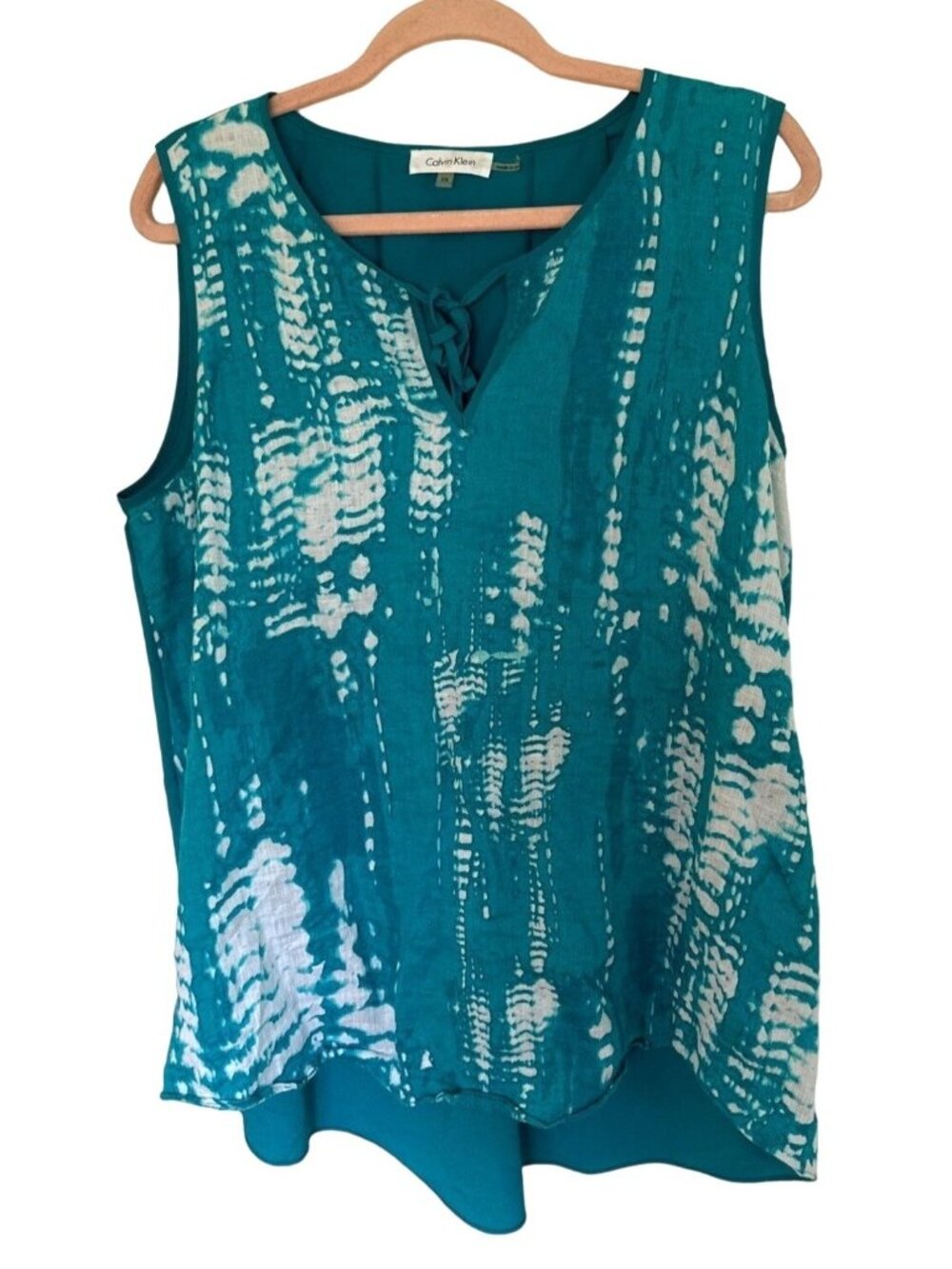 Calvin Klein women's turquoise linen front semi-sheer back tie dye blouse XL